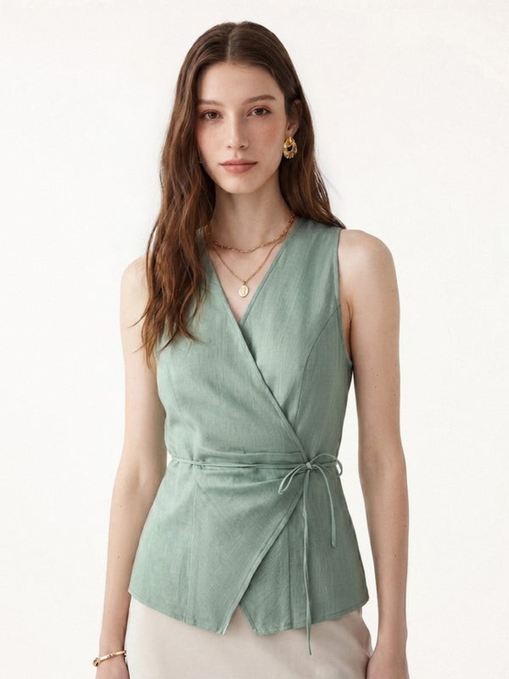 OGL Linen Wrap Top with Self-Tie In Dusky Mint Green